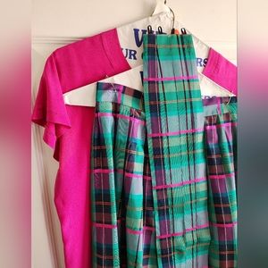 Plaid/Tartan 3-piece set Silk Pink Top Multicolor Skirt by Jaeger